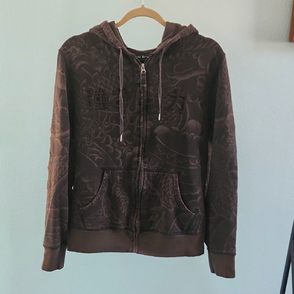 RARE Vintage Y2k Lucky Brand Asian Letters & Dragon Zip-up Hoodie